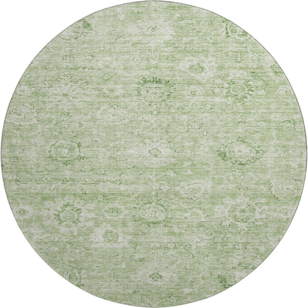 HomeRoots 8' Artichoke Green & Ivory Damask Round Rug - Washable, UV Protected, Perfect for Busy Homes! 684049