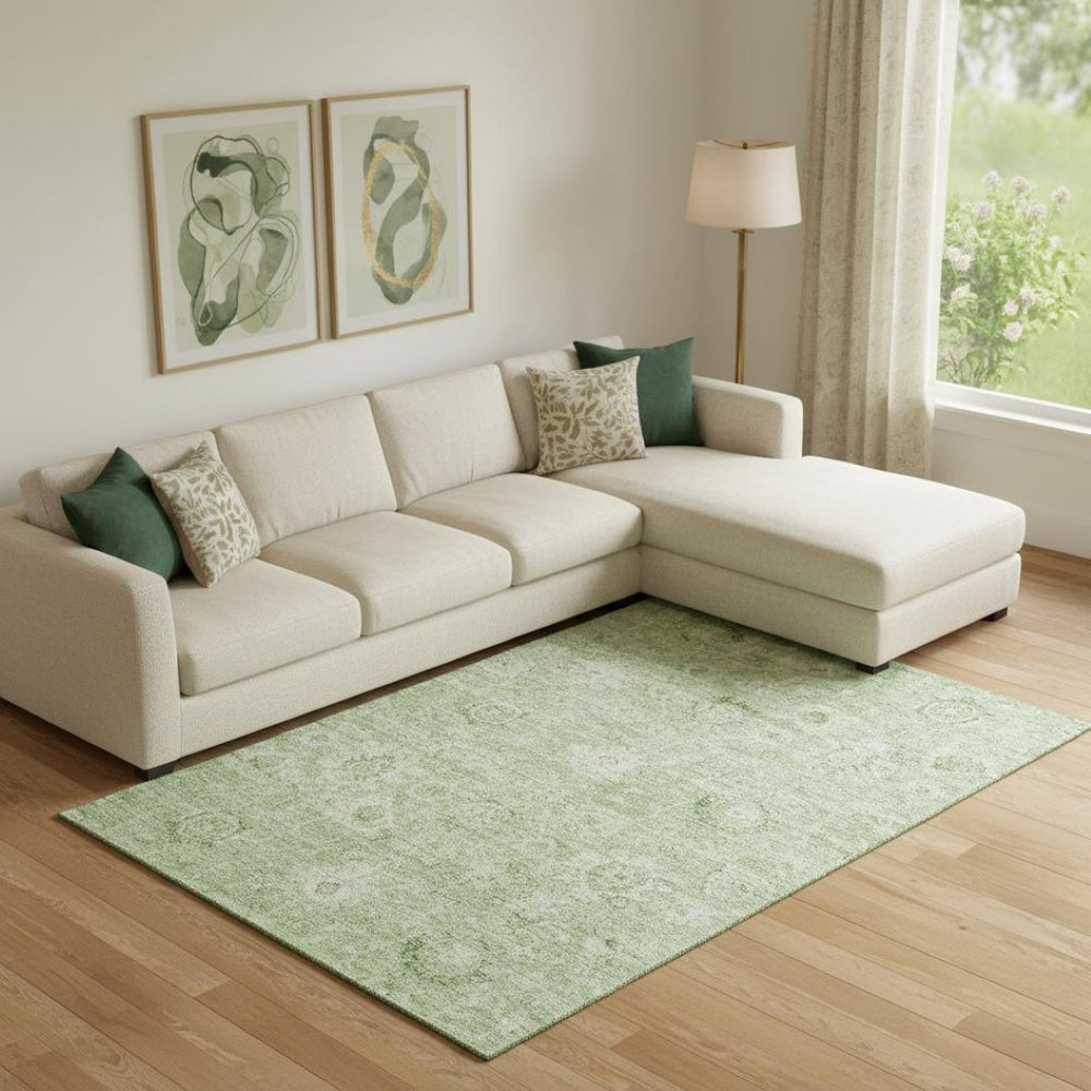 HomeRoots 9' x 12' Artichoke Green Damask Area Rug - Washable, UV Protected, Elegant & Durable for Homes 684051
