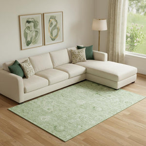 HomeRoots 9' x 12' Artichoke Green Damask Area Rug - Washable, UV Protected, Elegant & Durable for Homes 684051