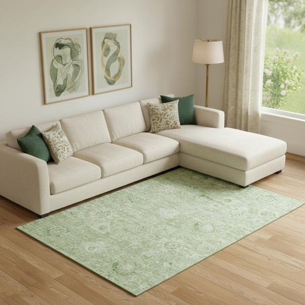 HomeRoots 9' x 12' Artichoke Green Damask Area Rug - Washable, UV Protected, Elegant & Durable for Homes 684051