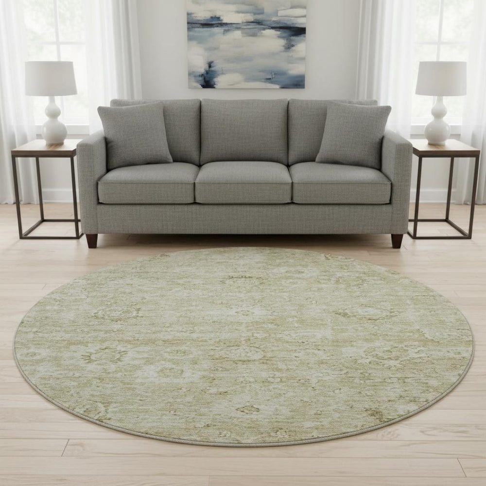 HomeRoots 8' Beige and Brown Damask Washable Round Rug - Durable, UV-Protected, Stylish for Indoor & Outdoor Use 684055