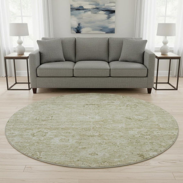 HomeRoots 8' Beige and Brown Damask Washable Round Rug - Durable, UV-Protected, Stylish for Indoor & Outdoor Use 684055