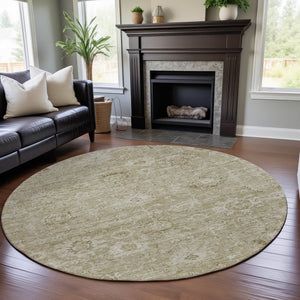 HomeRoots 8' Beige and Brown Damask Washable Round Rug - Durable, UV-Protected, Stylish for Indoor & Outdoor Use 684055