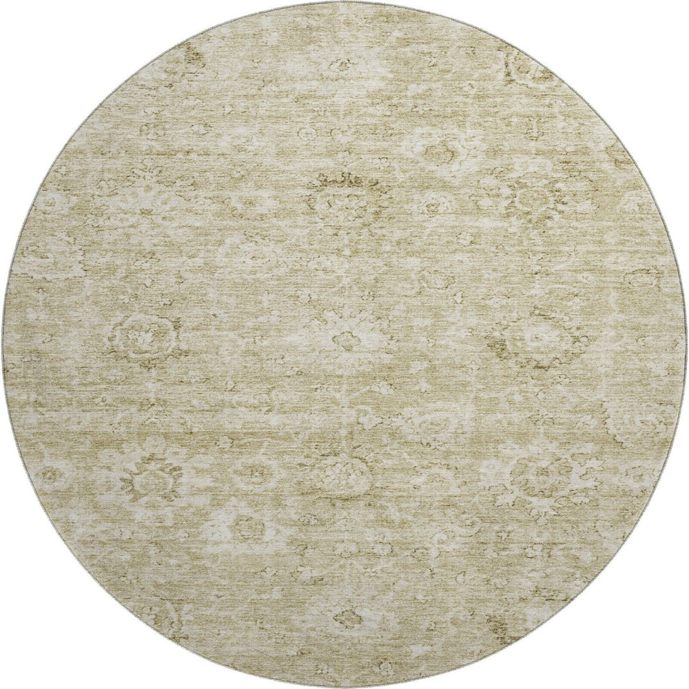 HomeRoots 8' Beige and Brown Damask Washable Round Rug - Durable, UV-Protected, Stylish for Indoor & Outdoor Use 684055