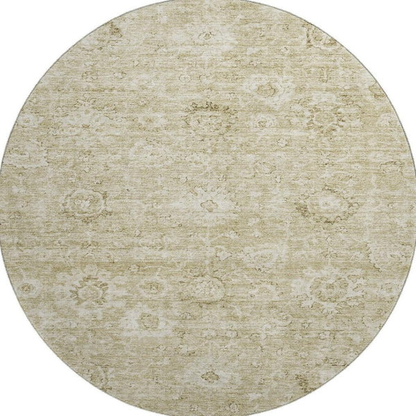 HomeRoots 8' Beige and Brown Damask Washable Round Rug - Durable, UV-Protected, Stylish for Indoor & Outdoor Use 684055