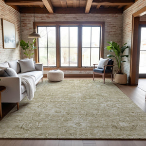 HomeRoots 9' X 12' Beige and Brown Damask Area Rug - Washable, UV-Protected, Durable for Homes with Kids & Pets 684057