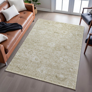 HomeRoots 9' X 12' Beige and Brown Damask Area Rug - Washable, UV-Protected, Durable for Homes with Kids & Pets 684057