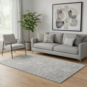 HomeRoots 5' X 8' Gray And Silver Damask Area Rug - Elegant, Washable Design with UV Protection for Durability 684060