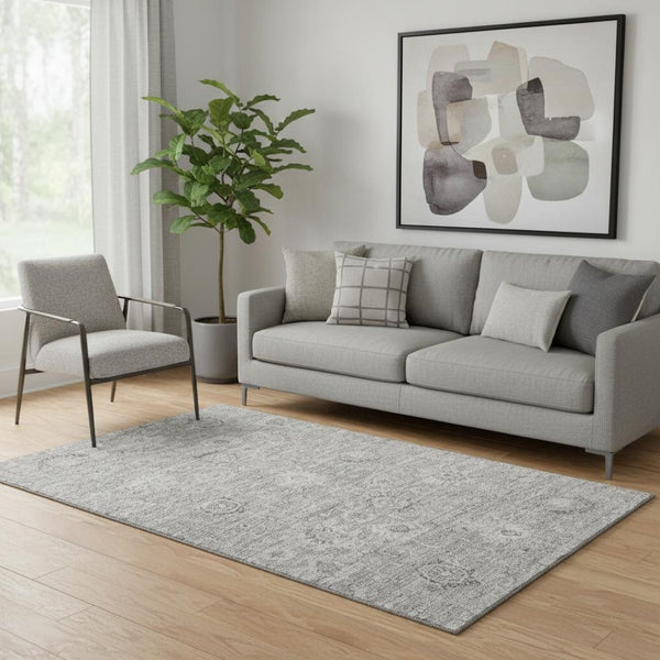 HomeRoots 5' X 8' Gray And Silver Damask Area Rug - Elegant, Washable Design with UV Protection for Durability 684060