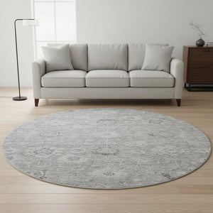HomeRoots 8' Gray and Silver Damask Round Rug - Washable, UV Protected, Durable with Classic Elegance 684061