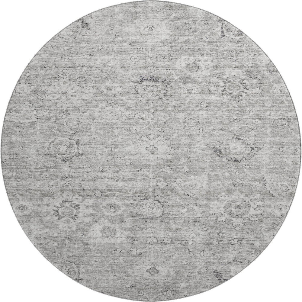 HomeRoots 8' Gray and Silver Damask Round Rug - Washable, UV Protected, Durable with Classic Elegance 684061