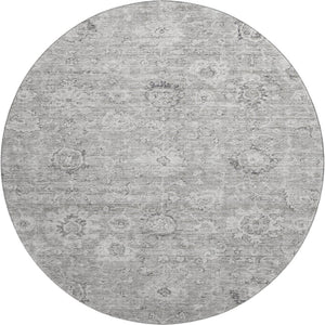HomeRoots 8' Gray and Silver Damask Round Rug - Washable, UV Protected, Durable with Classic Elegance 684061