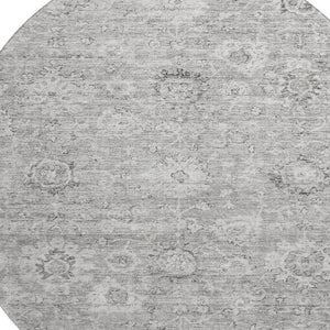 HomeRoots 8' Gray and Silver Damask Round Rug - Washable, UV Protected, Durable with Classic Elegance 684061