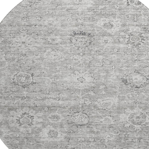 HomeRoots 8' Gray and Silver Damask Round Rug - Washable, UV Protected, Durable with Classic Elegance 684061