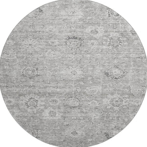 HomeRoots 8' Gray and Silver Damask Round Rug - Washable, UV Protected, Durable with Classic Elegance 684061