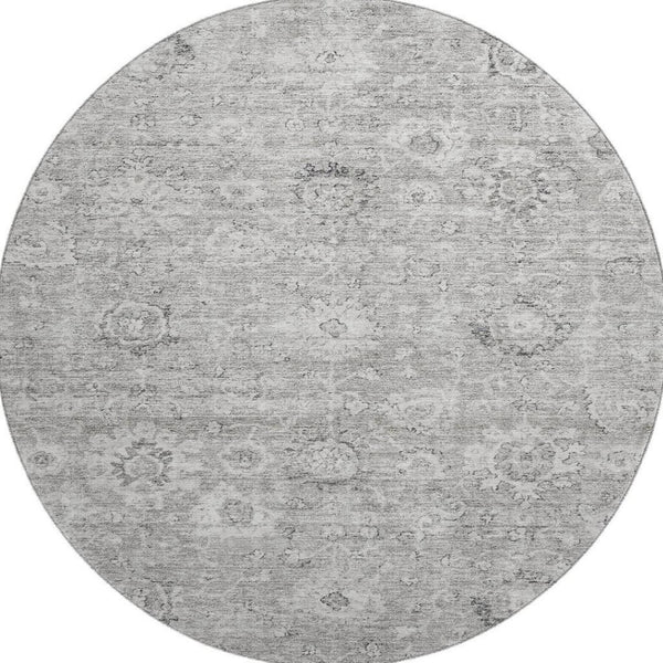 HomeRoots 8' Gray and Silver Damask Round Rug - Washable, UV Protected, Durable with Classic Elegance 684061