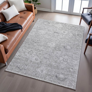 HomeRoots 8' X 10' Gray and Silver Damask Area Rug - Durable, Washable, UV-Protected for Elegant Living Spaces 684062