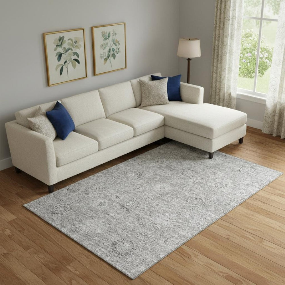 HomeRoots 9' X 12' Gray and Silver Damask Area Rug - Elegant, Washable, UV-Protected for Family-Friendly Spaces 684063