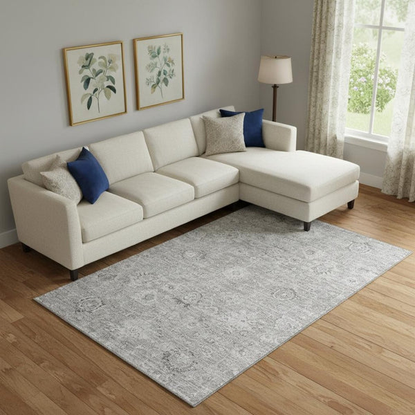 HomeRoots 9' X 12' Gray and Silver Damask Area Rug - Elegant, Washable, UV-Protected for Family-Friendly Spaces 684063