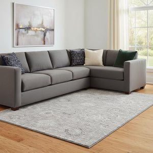 HomeRoots 10' X 14' Gray and Silver Damask Area Rug - Stylish, Washable, UV-Protected for Busy Homes! 684064