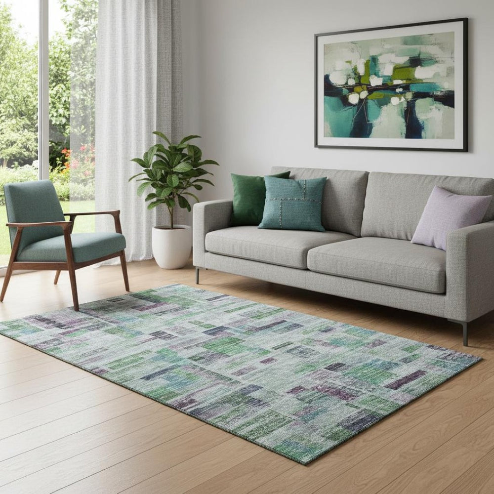 HomeRoots 5' X 8' Vibrant Artichoke Green, Purple & Teal Striped Washable Area Rug with UV Protection Features 684066