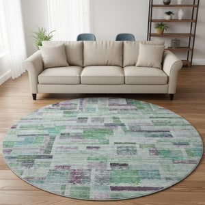 HomeRoots 8' Vibrant Artichoke Green, Purple & Teal Striped Round Rug - Washable, UV Protected, Durable Design 684067