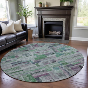 HomeRoots 8' Vibrant Artichoke Green, Purple & Teal Striped Round Rug - Washable, UV Protected, Durable Design 684067