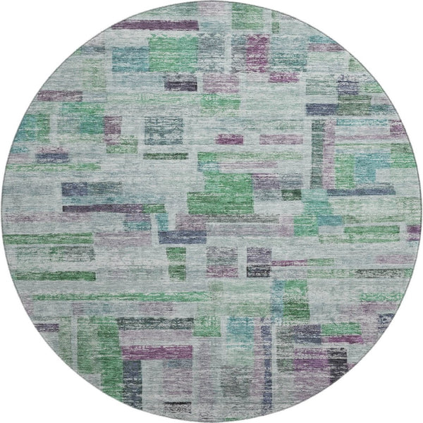 HomeRoots 8' Vibrant Artichoke Green, Purple & Teal Striped Round Rug - Washable, UV Protected, Durable Design 684067