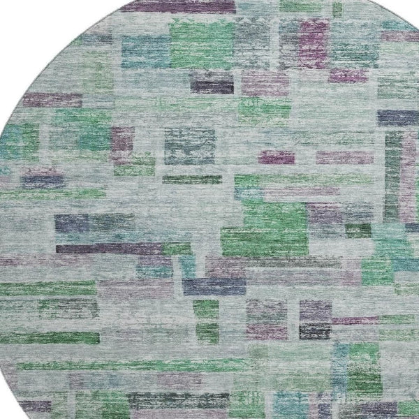 HomeRoots 8' Vibrant Artichoke Green, Purple & Teal Striped Round Rug - Washable, UV Protected, Durable Design 684067