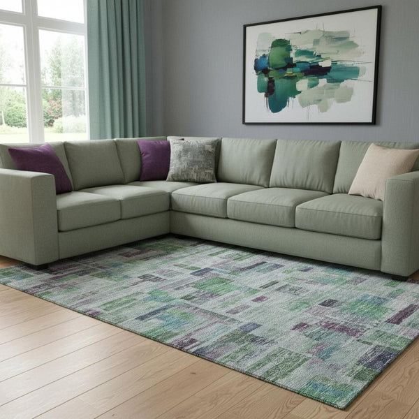 HomeRoots 8' X 10' Vibrant Artichoke Green, Purple & Teal Striped Washable Area Rug with UV Protection & Soft Pile 684068