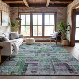 HomeRoots 8' X 10' Vibrant Artichoke Green, Purple & Teal Striped Washable Area Rug with UV Protection & Soft Pile 684068