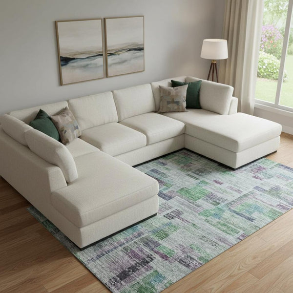 HomeRoots 9' X 12' Artichoke Green, Purple & Teal Striped Washable Area Rug with UV Protection for Homes 684069
