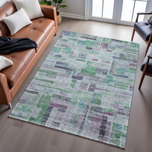 HomeRoots 9' X 12' Artichoke Green, Purple & Teal Striped Washable Area Rug with UV Protection for Homes 684069
