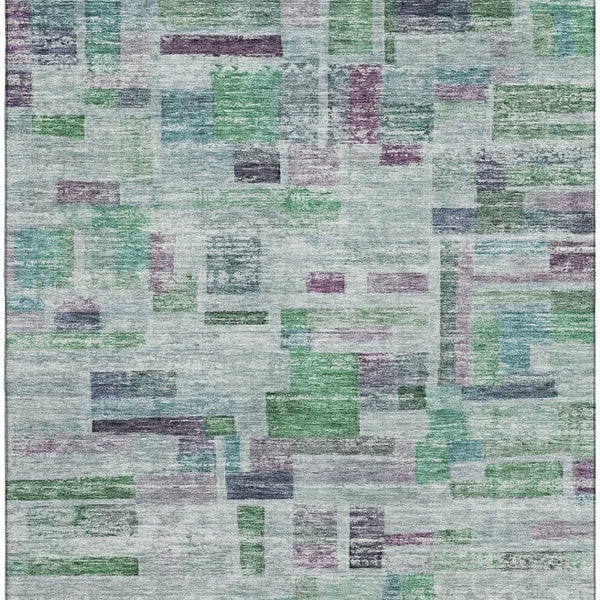 HomeRoots 9' X 12' Artichoke Green, Purple & Teal Striped Washable Area Rug with UV Protection for Homes 684069
