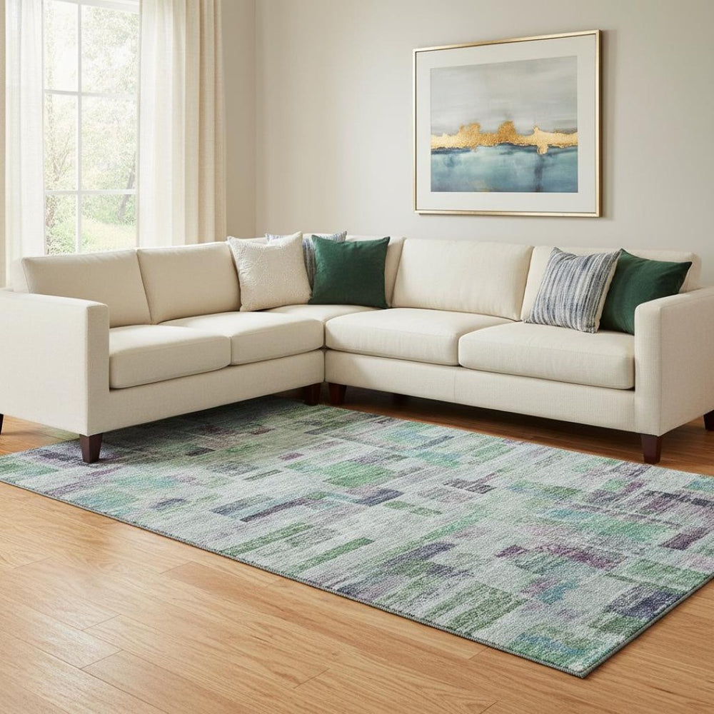 HomeRoots 10' X 14' Artichoke Green Purple Teal Striped Washable Area Rug with UV Protection for Family Spaces 684070