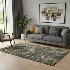 HomeRoots 5' X 8' Charcoal Gray & Gold Striped Washable Area Rug - UV Protected, Stain Resistant & Durable Design 684072
