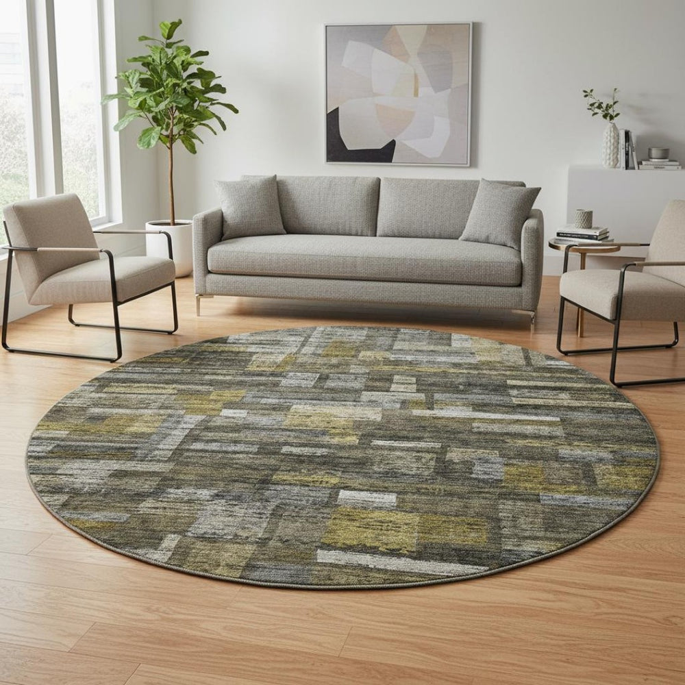 HomeRoots 8' Charcoal Gray & Gold Striped Washable Round Rug – Durable, Stain Resistant, UV Protected Style! 684073