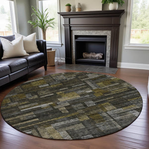 HomeRoots 8' Charcoal Gray & Gold Striped Washable Round Rug – Durable, Stain Resistant, UV Protected Style! 684073
