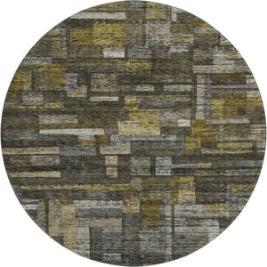 HomeRoots 8' Charcoal Gray & Gold Striped Washable Round Rug – Durable, Stain Resistant, UV Protected Style! 684073
