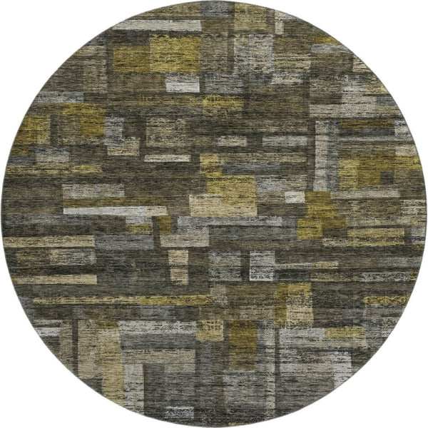 HomeRoots 8' Charcoal Gray & Gold Striped Washable Round Rug – Durable, Stain Resistant, UV Protected Style! 684073