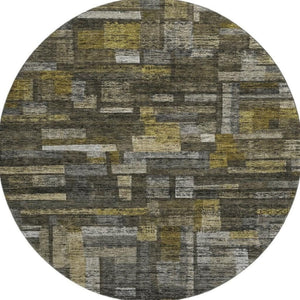 HomeRoots 8' Charcoal Gray & Gold Striped Washable Round Rug – Durable, Stain Resistant, UV Protected Style! 684073