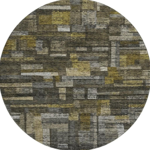 HomeRoots 8' Charcoal Gray & Gold Striped Washable Round Rug – Durable, Stain Resistant, UV Protected Style! 684073
