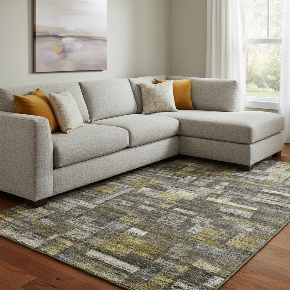 HomeRoots 8' X 10' Charcoal Gray & Gold Striped Washable Area Rug - UV Protected, Durable & Stain Resistant Design 684074