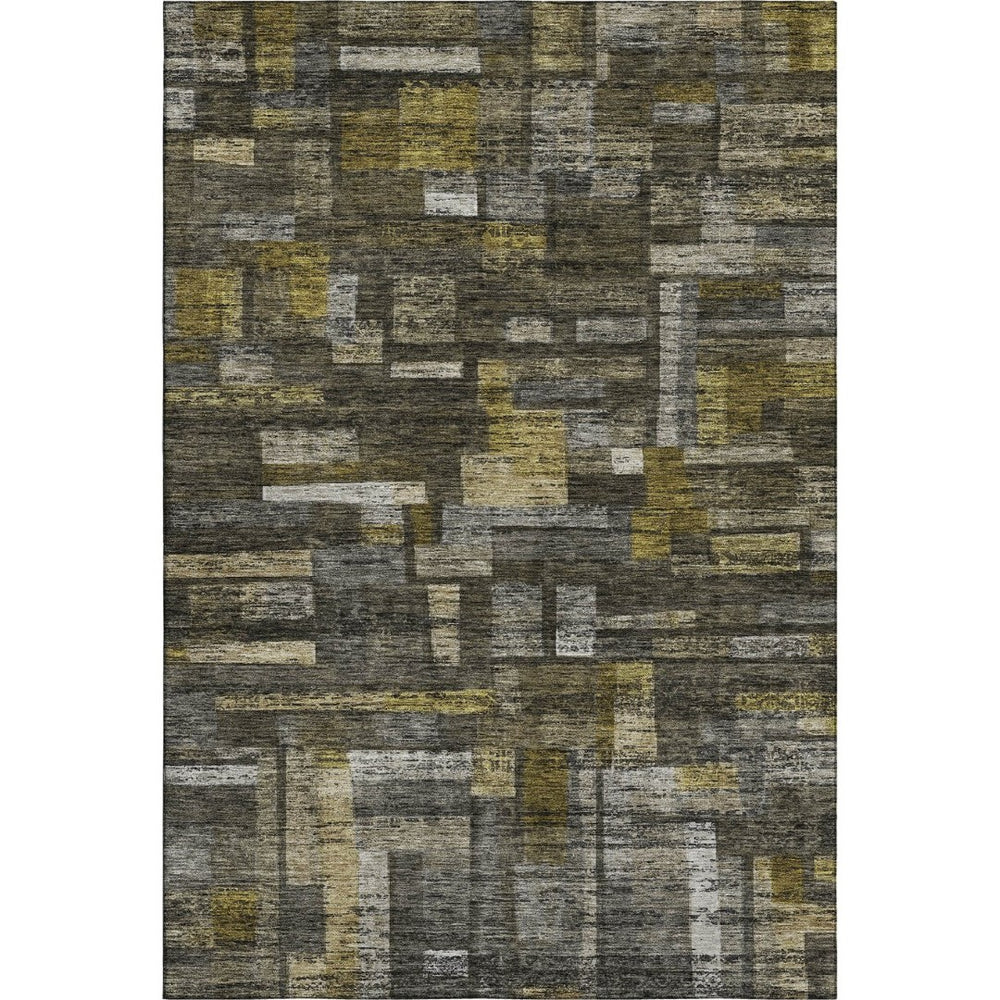 HomeRoots 8' X 10' Charcoal Gray & Gold Striped Washable Area Rug - UV Protected, Durable & Stain Resistant Design 684074
