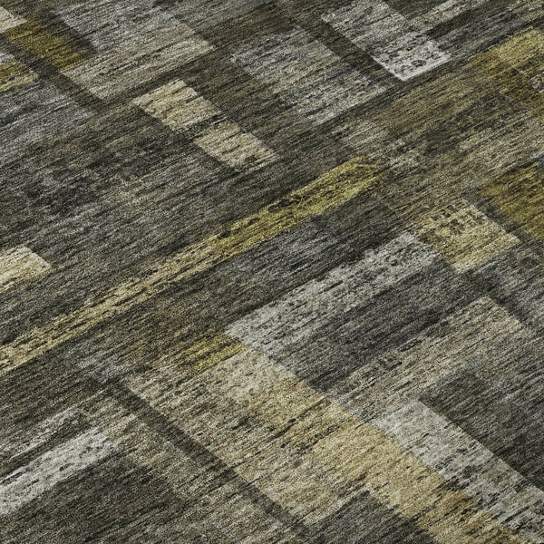 HomeRoots 8' X 10' Charcoal Gray & Gold Striped Washable Area Rug - UV Protected, Durable & Stain Resistant Design 684074