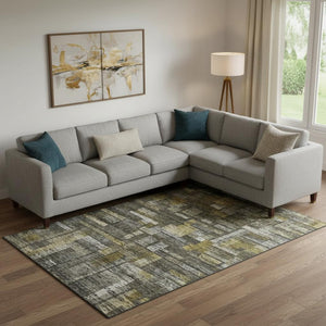 HomeRoots 9' Charcoal Gray & Gold Striped Washable Area Rug - Durable, UV Protected, Stylish for Busy Homes 684075