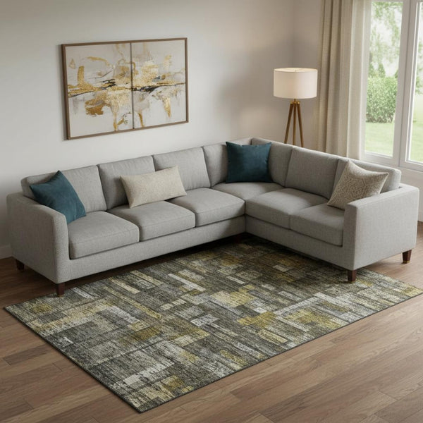 HomeRoots 9' Charcoal Gray & Gold Striped Washable Area Rug - Durable, UV Protected, Stylish for Busy Homes 684075