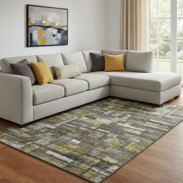 HomeRoots 10' Charcoal Gray & Gold Striped Washable Area Rug - Durable, UV-Protective, Stain-Resistant Design! 684076