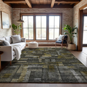 HomeRoots 10' Charcoal Gray & Gold Striped Washable Area Rug - Durable, UV-Protective, Stain-Resistant Design! 684076
