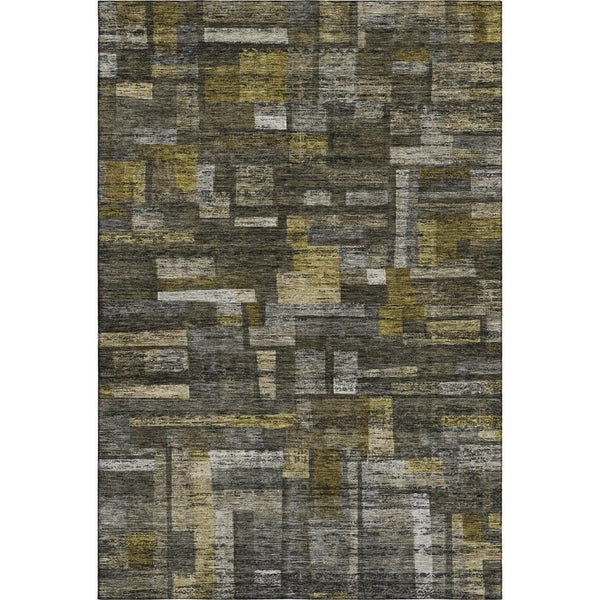 HomeRoots 10' Charcoal Gray & Gold Striped Washable Area Rug - Durable, UV-Protective, Stain-Resistant Design! 684076